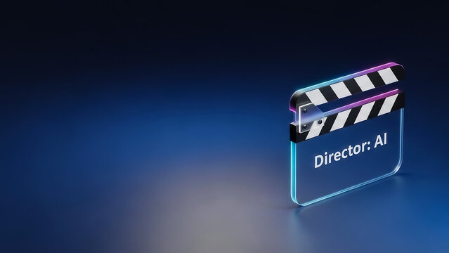 A modern clapperboard labeled 'Director: AI' on a sleek blue gradient background, symbolizing AI in filmmaking.