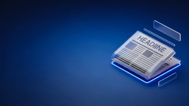 A futuristic digital newspaper stack displaying a headline, symbolizing news, media, and technology in a sleek 3D design.