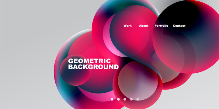 Abstract design features overlapping circles, gradients. Text includes work, about, portfolio, contact, geometric background. Dark backdrop present.