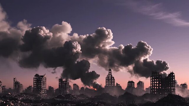 Heavy smoke billows over a ruined city skyline with destroyed buildings at dusk, depicting a post-apocalyptic war zone.