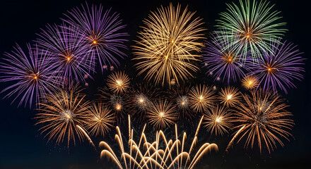 Fototapeta premium Dazzling fireworks illuminate night sky with vibrant explosions of purple gold and green light over dark landscape offering celebratory holiday festive atmosphere.