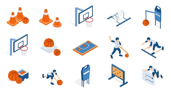 Collection of isometric icons representing various sports training equipment and activities, including cones, basketball hoops, agility drills, and players practicing.