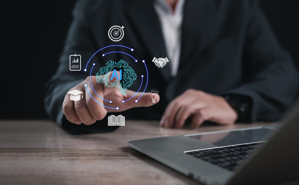 Business user interacting with artificial intelligence interface on virtual screen, showing data analysis, automation, digital transformation, and smart technology integration for modern business solu