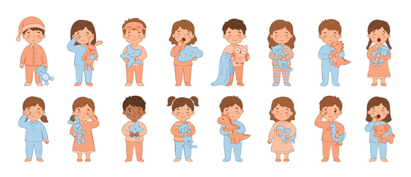 Sleepy children in pajamas collection with bedtime toys and pillows, set of cute kids yawning, rubbing eyes, and holding stuffed animals for nursery decor, children's bedtime routine and rest concept.