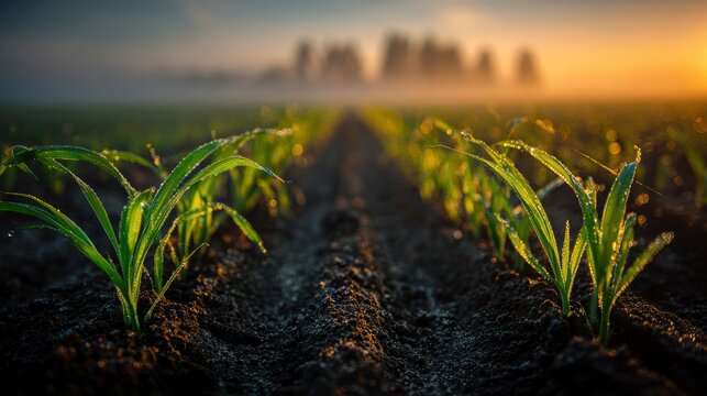 Young corn sprouts growing in a misty field at sunrise with golden hour lighting for agricultural sustainability and farming marketing