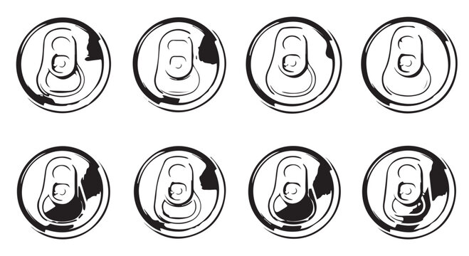 Set of eight top-down view grunge style beverage can outlines with pull tabs depicting soda or beer cans isolated on white background pull tab