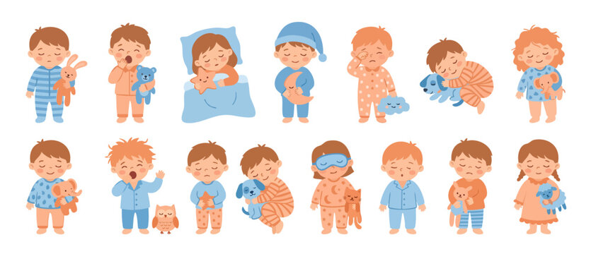 Sleepy Children Collection with Toys, Cute Kids in Pajamas Bedtime Routine. Set of little boys and girls sleeping, yawning, holding plush animals, moon and star cushions on a white background, vector.