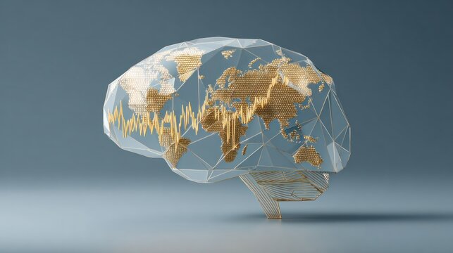 Global Brain: The intricate design features a transparent brain structure overlaid with a map of the world, highlighting the interconnectedness of global knowledge and the power of human intellect. 