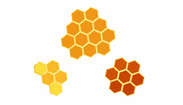 Honeycomb patterns, golden hexagons, bee nest shapes, yellow orange gradients, vector icons