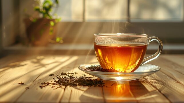 Steaming glass teacup on wooden table under golden hour sunlight in a cinematic macro shot for lifestyle and wellness marketing