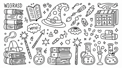 Hand-drawn magic and wizardry doodle collection featuring spellbooks potions and witch hats perfect for fantasy-themed designs and illustrations © Tanzeel