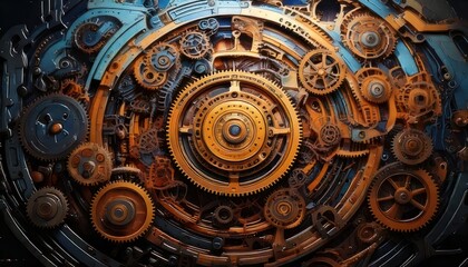 Fototapeta premium Intricate Steampunk Clockwork Mechanism with Rusty Gears and Cogs.