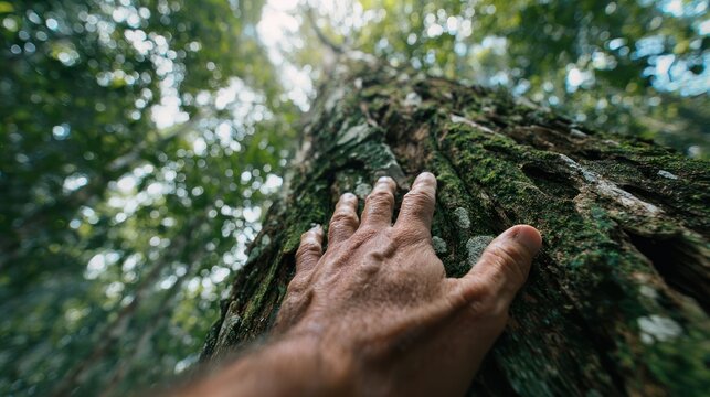 Reaching for the Canopy: A hand gently caresses the textured bark of a towering tree, inviting viewers to connect with nature's grandeur and the serene beauty of the forest.