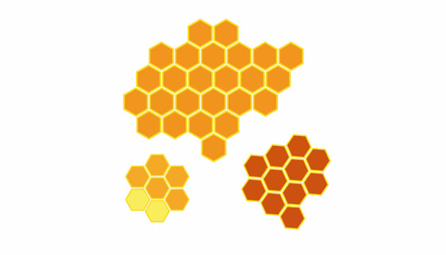 Honeycomb patterns, golden hexagons, bee nest illustrations, yellow orange gradients, vector icons