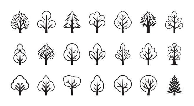 Minimalist tree icons set simple black line art symbols of various trees and foliage on white background design element map icon pine tree