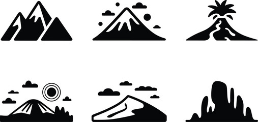 Obraz premium Mountain and volcano silhouette icons set featuring landscape peaks eruption scenes and nature terrain in minimal black style