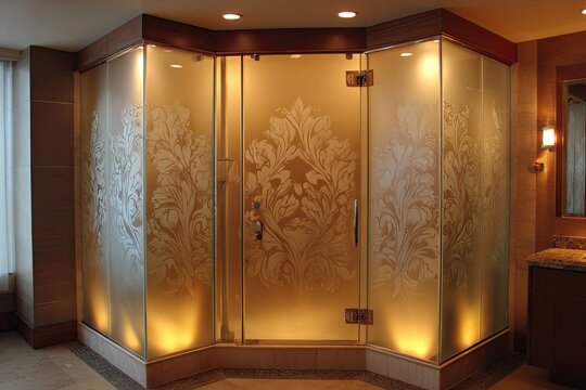Elegant frosted glass corner shower enclosure with ornate etched patterns and warm interior lighting