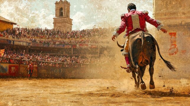 A bullfighter on a charging bull in a crowded arena with a vintage, textured effect