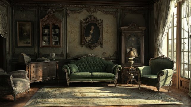 Opulent Victorian-style room with ornate furniture, framed art, and bright sunlight