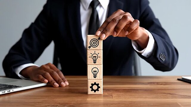 Professional illustrating strategic business planning by stacking blocks with process, idea, and target icons. Represents goal achievement, innovation, growth, efficiency, problem-solving, and...