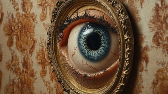 A large, detailed eyeball set in a gold frame, against a floral wallpaper background