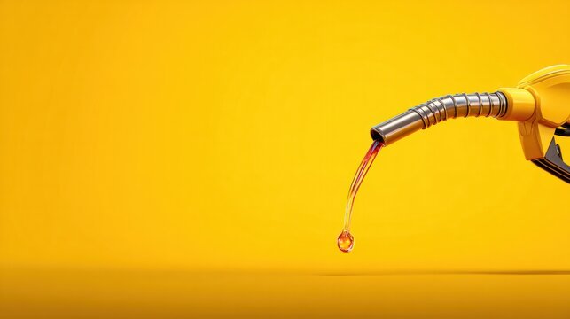 Fuel Efficiency: A close-up view of a fuel nozzle dispensing gasoline against a vibrant yellow backdrop, symbolizing energy resources.