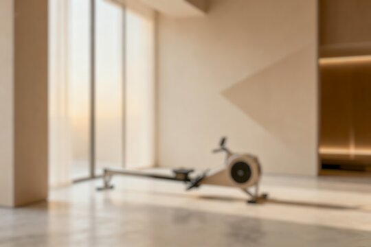 Blurry Minimalist indoor fitness space with a rowing machine near large windows, featuring soft natural light and a clean modern interior.