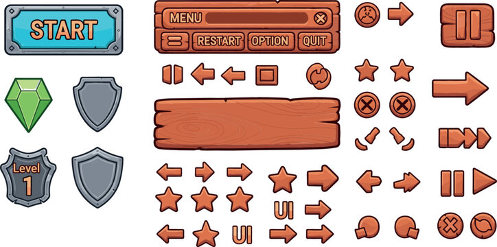 Game UI Button and Icon Set Featuring Start, Menu, Level, Shield, Star, and Navigation Controls for Digital Game Interface Design