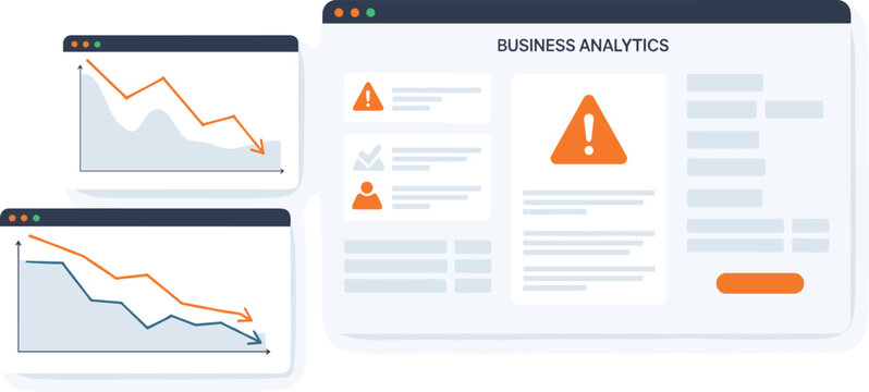 Business analytics dashboard showing falling down arrow charts and financial warning alerts on multiple web browser windows vector illustration concept.