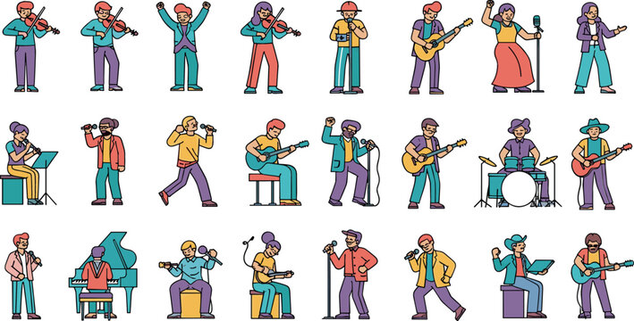 Musician Performance Illustration Set Featuring Singers, Guitarists, Pianists, Drummers, and Violinists for Music and Event Design