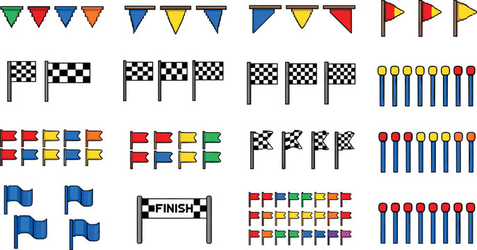 Race Flag and Banner Collection Featuring Finish Lines, Colorful Flags, Checkered Flags, and Directional Markers for Sports and Event Design