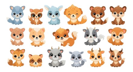 Fototapeta premium Collection of Adorable Baby Forest Animals in Cute Cartoon Style.