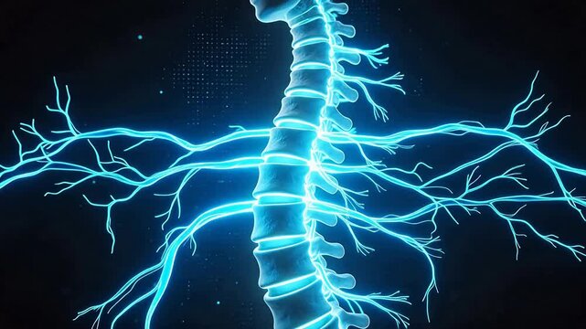 Human spine with glowing nerves