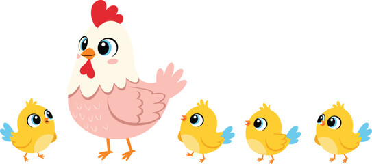 Obraz premium Cute cartoon hen and yellow baby chicks characters in a row, farm bird family vector illustration for kids and education.