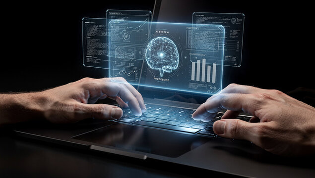 Multi AI agent orchestration system. Automated collaborative network technology. Businessman using intelligent automation tool on laptop computer.