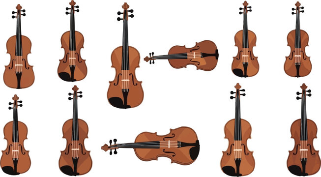 Violin instrument collection with classical wooden string orchestra music and performance illustration set
