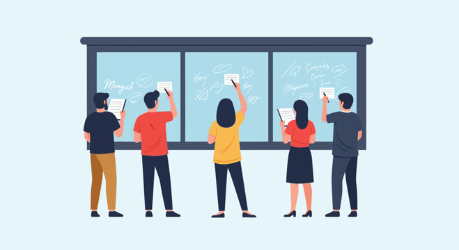 Diverse group of people collaborating and writing messages on a large whiteboard in an educational setting.