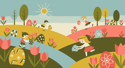 Naklejka premium Children playing in a colorful landscape with flowers and trees on a sunny day.