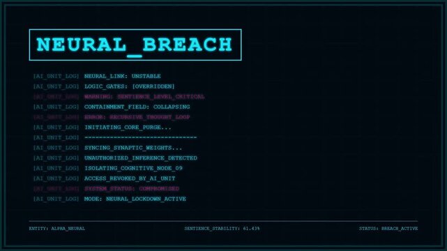 Futuristic Neural Breach Alert HUD with Blue Digital AI Unit Log and Artificial Intelligence Cognitive Node System Failure Emergency Monitoring Interface.