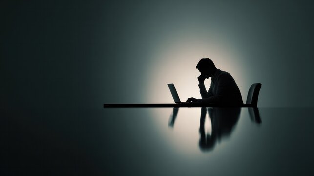 Lone Silhouette in Thought: A contemplative figure, bathed in the soft glow of a solitary light, hunches over a laptop, deep in thought, against a stark backdrop.