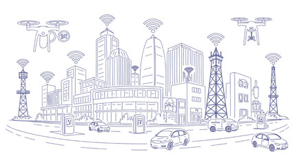 Obraz premium Smart city illustration with drones autonomous cars and wireless connectivity representing futuristic urban technology and IoT network