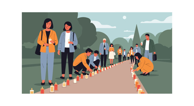 Diverse group of people holding and placing candles during an outdoor memorial vigil ceremony