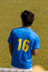 Fototapeta premium A male athlete soccer player wearing a blue jersey with yellow numbners on his back and standing on a green turf field.