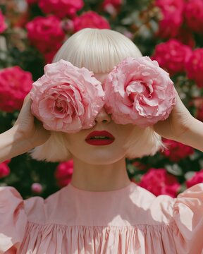 Woman with short blonde hair holds large pink roses in front of her face, wearing a pastel pink dress, surrounded by vibrant pink rose bushes in a floral garden