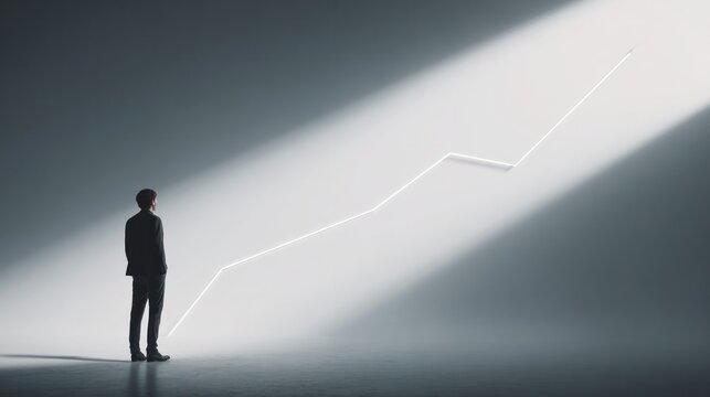 Visionary Gazing: A contemplative individual stands at the cusp of a bright, upward-trending graph, symbolizing ambition, strategic planning and future success.