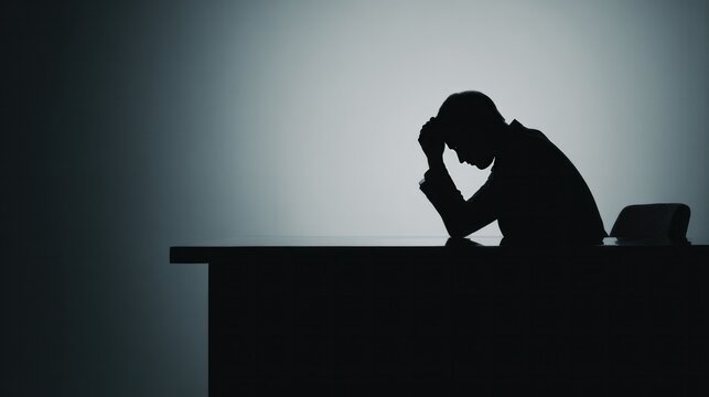 Silhouette of Despair: A lone figure sits at a desk, a stark silhouette against a subdued backdrop, the weight of the world evident in the posture. Evoking feelings of solitude, stress.