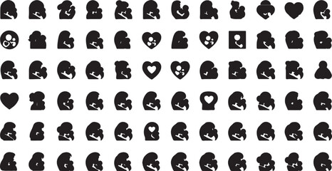 Fototapeta premium Large collection of mother and baby silhouette icons for family and maternity design projects with silhouette maternity parenting nurturing collection illustration parenthood maternal