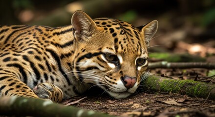 Obraz premium Spotted wildcat rests in forest shade