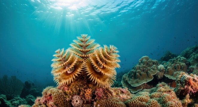 Underwater tree worm with sunlight rays beaming