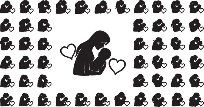 Seamless pattern design of mother and baby silhouettes surrounded by hearts with silhouette motherhood maternity parenting nurturing maternal cradling affection devotion graphics